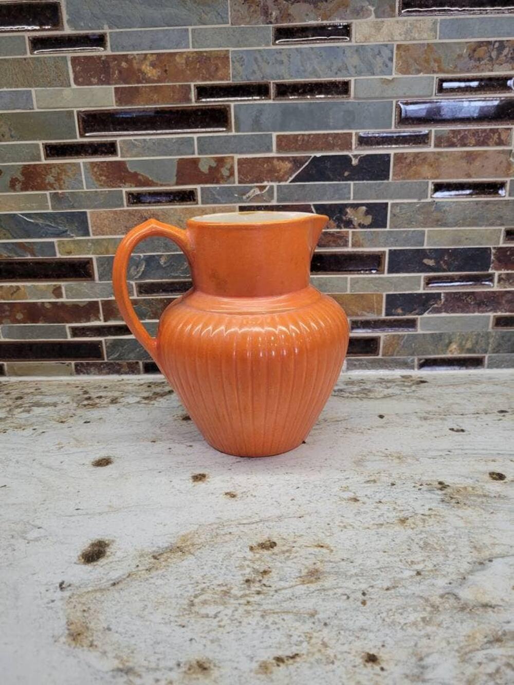Vintage Red Wing Pottery Gypsy Trail Reed Orange Ribbed Ceramic Art Deco Pitcher